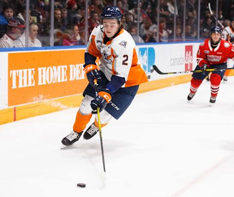 Tyler Tucker #2 of the Flint Firebirds. (Photo by Chris Tanouye/Getty Images)