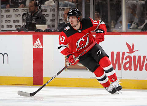 Alexander Holtz #10 of the New Jersey Devils. (Photo by Bruce Bennett/Getty Images)