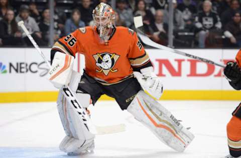 LOS ANGELES, CA: Goaltender John Gibson #36 of the Anaheim Ducks plays in the game against the Los Angeles Kings on February 4, 2016. (Photo by Robert Binder/NHLI via Getty Images)