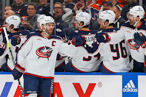 Jan 25, 2023; Edmonton, Alberta, CAN; The Columbus Blue Jacket celebrate a goal scored by forward Boone Jenner (38) during the first period against the Edmonton Oilers at Rogers Place. Mandatory Credit: Perry Nelson-USA TODAY Sports