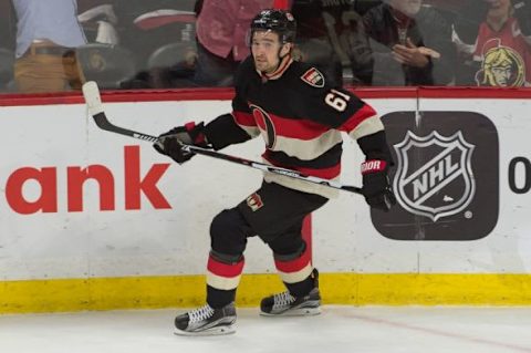 Feb 18, 2016; Ottawa, Ontario, CAN; Ottawa Senators right wing Mark Stone (61) celebrates after scoring on an empty net goal in the last minute of the third period against the Carolina Hurricanes at the Canadian Tire Centre. The Senators won 4-2. Mandatory Credit: Marc DesRosiers-USA TODAY Sports