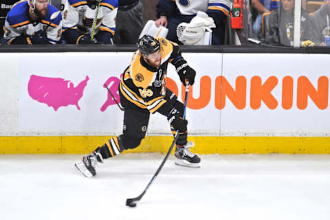 BOSTON, MA – JUNE 12: Boston Bruins right wing David Pastrnak (88) puts a rocket of a shot on net. During Game 7 of the Stanley Cup Finals featuring the Boston Bruins against the St. Louis Blues on June 12, 2019 at TD Garden in Boston, MA. (Photo by Michael Tureski/Icon Sportswire via Getty Images)