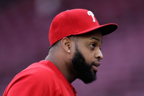 HIROSHIMA, JAPAN – NOVEMBER 13: Infielder Carlos Sanntana #41 of the Philadelhia Phillies is seen prior to the game four between Japan and MLB All Stars at Mazda Zoom Zoom Stadium Hiroshima on November 13, 2018 in Hiroshima, Japan. (Photo by Kiyoshi Ota/Getty Images)