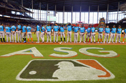 MIAMI, FL – JULY 9: Members of the World Team are seen on the base path during player introductions prior to the SirusXM All-Star Futures Game at Marlins Park on Sunday, July 9, 2017 in Miami, Florida. (Photo by Alex Trautwig/MLB Photos via Getty Images)