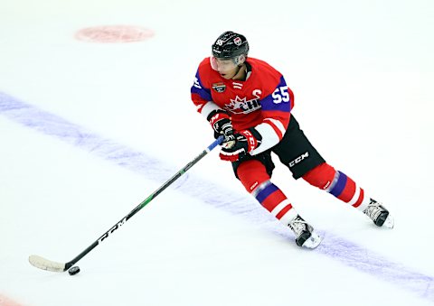 HAMILTON, ON – JANUARY 16: Quinton Byfield #55 of Team Red skates with the puck during the first period of the 2020 CHL/NHL Top Prospects Game against Team White at FirstOntario Centre on January 16, 2020 in Hamilton, Canada. (Photo by Vaughn Ridley/Getty Images)