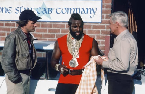 THE A-TEAM — “The Taxicab Wars” Episode 7 — Pictured: (l-r) Dwight Schultz as ‘Howling Mad’ Murdock, Mr. T as B.A. Baracus, George Peppard as John ‘Hannibal’ Smith — Photo by: NBCU Photo Bank