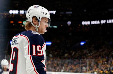 BOSTON, MA – APRIL 25: Columbus Blue Jackets left wing Ryan Dzingel (19)] waits for a face off during Game 1 of the Second Round 2019 Stanley Cup Playoffs between the Boston Bruins and the Columbus Blue Jackets on April 25, 2019, at TD Garden in Boston, Massachusetts. (Photo by Fred Kfoury III/Icon Sportswire via Getty Images)