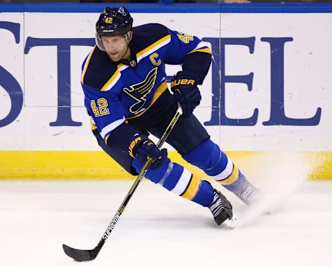 Nov 19, 2015; St. Louis, MO, USA; St. Louis Blues center David Backes (42) skates with the puck during a game against the Buffalo Sabres at Scottrade Center. The Blues won the game 3-2 in a shootout. Mandatory Credit: Billy Hurst-USA TODAY Sports