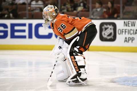 Feb 21, 2016; Anaheim, CA, USA; Anaheim Ducks goalie John Gibson (36) looks on prior to the game against the Calgary Flames at Honda Center. Mandatory Credit: Kelvin Kuo-USA TODAY Sports