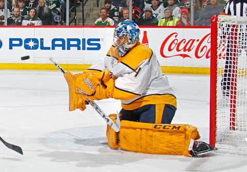 ST. PAUL, MN – MARCH 25: Juuse Saros #74 of the Nashville Predators makes a save during a game with the Minnesota Wild at Xcel Energy Center on March 25, 2019 in St. Paul, Minnesota. (Photo by Bruce Kluckhohn/NHLI via Getty Images)