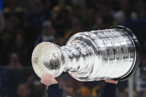 The Stanley Cup is hoisted (Photo by Patrick Smith/Getty Images)