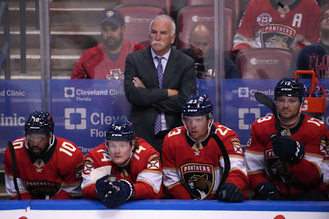 Oct 27, 2021; Sunrise, Florida, USA; Florida Panthers head coach Joel Quenneville watches during the first period against the Boston Bruins at FLA Live Arena. Mandatory Credit: Jasen Vinlove-USA TODAY Sports