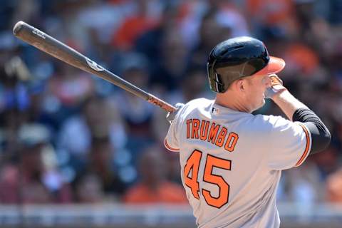 Jun 29, 2016; San Diego, CA, USA; Baltimore Orioles right fielder Mark Trumbo (45) hits a two RBI double during the ninth inning against the San Diego Padres at Petco Park. Mandatory Credit: Jake Roth-USA TODAY Sports