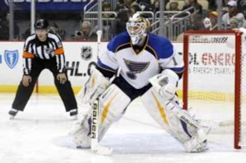 Mar 23, 2014; Pittsburgh, PA, USA; St. Louis Blues goalie Brian Elliott (1) guards the net against the Pittsburgh Penguins during the second period at the CONSOL Energy Center. The Blues won 1-0. Mandatory Credit: Charles LeClaire-USA TODAY Sports