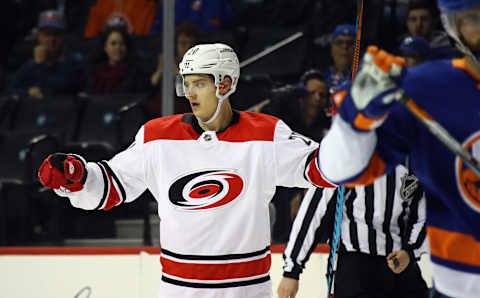 NEW YORK, NY – NOVEMBER 16: Sebastian Aho #20 of the Carolina Hurricanes celebrates his powerplay goal at 17:30 of the first period against the New York Islanders at the Barclays Center on November 16, 2017 in the Brooklyn borough of New York City. (Photo by Bruce Bennett/Getty Images)