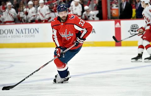 WASHINGTON, DC – JANUARY 13: Capitals defenseman Radko Gudas (33) looks for a pass during the Carolina Hurricanes vs. Washington Capitals NHL game on January 13, 2020 at Capital One Arena in Washington, D.C.. (Photo by Randy Litzinger/Icon Sportswire via Getty Images)