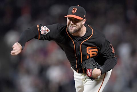 SAN FRANCISCO, CA – JUNE 02: Hunter Strickland #60 of the San Francisco Giants pitches against the Philadelphia Phillies in the top of the ninth inning at AT&T Park on June 2, 2018 in San Francisco, California. The Giants won the game 2-0. (Photo by Thearon W. Henderson/Getty Images)