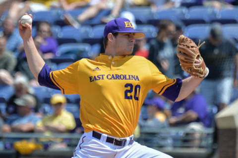 GREENVILLE, NC – APRIL 29: East Carolina pitcher Tyler Smith (20) throws a pitch during a game between the Houston Cougars and the East Carolina Pirates at Lewis Field at Clark LeClair Stadium in Greenville, NC on April 29, 2018. Houston defeated ECU 6-5. (Photo by Greg Thompson/Icon Sportswire via Getty Images)