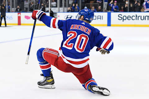 New York Rangers left wing Chris Kreider (20) celebrates after scoring the winning goal . Mandatory Credit: Dennis Schneidler-USA TODAY Sports