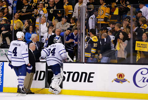 BOSTON, MA – MAY 13: James Reimer #34 and Cody Franson #4 of the Toronto Maple Leafs (Photo by Jared Wickerham/Getty Images)