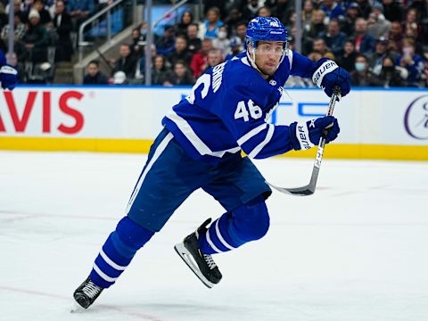 Mar 27, 2022; Toronto, Ontario, CAN; Toronto Maple Leafs defenseman Ilya Lyubushkin (46) skates against the Florida Panthers at Scotiabank Arena. Mandatory Credit: John E. Sokolowski-USA TODAY Sports