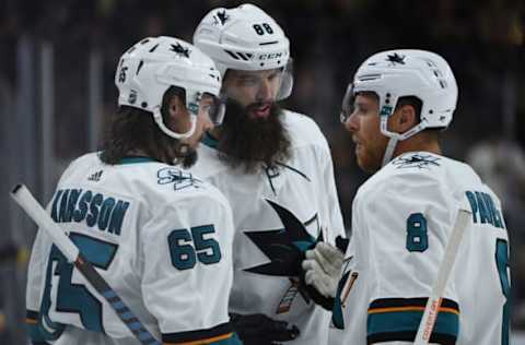 LAS VEGAS, NV – SEPTEMBER 30: Erik Karlsson #65 of the San Jose Sharks talks with teammates during a preseason game against the Vegas Golden Knights at T-Mobile Arena on September 30, 2018 in Las Vegas, Nevada. (Photo by Jeff Bottari/NHLI via Getty Images)