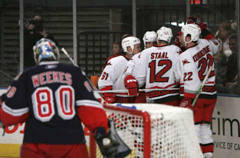 NEW YORK – NOVEMBER 19: Kevin Weekes #80 of the New York Rangers watches as Eric Stall #12 and his teammates on the Carolina Hurricanes celebrate Staal’s first-period goal on November 19, 2005, at Madison Square Garden in New York City. (Photo by Bruce Bennett/Getty Images)