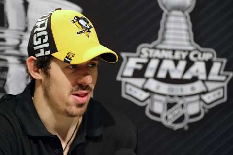 May 29, 2016; Pittsburgh, PA, USA; Pittsburgh Penguins center Evgeni Malkin (71) answers questions during media day a day prior to game one of the 2016 Stanley Cup Final at the CONSOL Energy Center. Mandatory Credit: Charles LeClaire-USA TODAY Sports