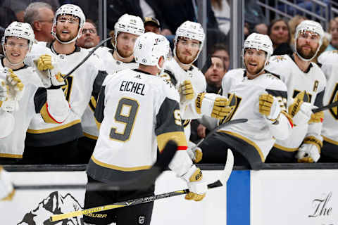 SEATTLE, WASHINGTON – APRIL 01: Jack Eichel #9 of the Vegas Golden Knights celebrates his goal against the Seattle Kraken during the first period at Climate Pledge Arena on April 01, 2022 in Seattle, Washington. (Photo by Steph Chambers/Getty Images)