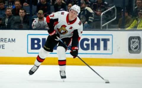 COLUMBUS, OH – FEBRUARY 24: Brady Tkachuk #7 of the Ottawa Senators controls the puck during the game against the Columbus Blue Jackets on February 24, 2020 at Nationwide Arena in Columbus, Ohio. Columbus defeated Ottawa 4-3 in overtime. (Photo by Kirk Irwin/Getty Images)