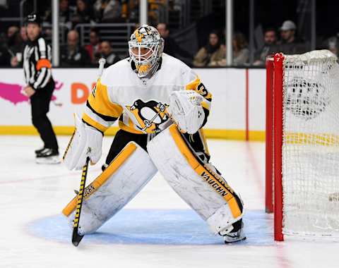 LOS ANGELES, CALIFORNIA – FEBRUARY 26: Tristan Jarry #35 of the Pittsburgh Penguins in goal during a 2-1 loss to the Los Angeles Kings at Staples Center on February 26, 2020 in Los Angeles, California. (Photo by Harry How/Getty Images)