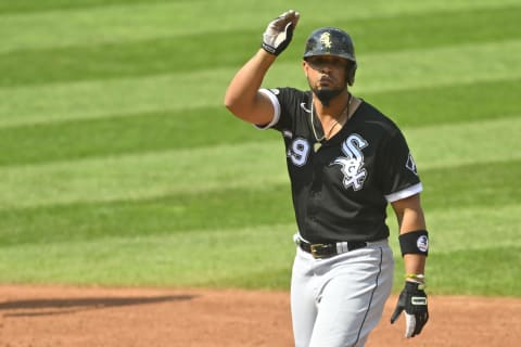 Sep 15, 2022; Cleveland, Ohio, USA; Chicago White Sox first baseman Jose Abreu (79) celebrates his double in the third inning against the Cleveland Guardians at Progressive Field. Mandatory Credit: David Richard-USA TODAY Sports