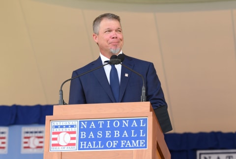 COOPERSTOWN, NY – JULY 29: Inductee Chipper Jones speaks to the crowd at the Clark Sports Center during the Baseball Hall of Fame induction ceremony on July 29, 2018 in Cooperstown, New York. (Photo by Mark Cunningham/MLB Photos via Getty Images)