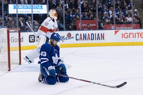 TORONTO, ON – MARCH 25: Toronto Maple Leafs Center Nazem Kadri (43) reacts after missing a shot during the NHL regular season game between the Florida Panthers and the Toronto Maple Leafs on March 25, 2019, at Scotiabank Arena in Toronto, ON, Canada. (Photo by Julian Avram/Icon Sportswire via Getty Images)