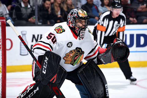 LOS ANGELES, CA – MARCH 30: Goaltender Corey Crawford #50 of the Chicago Blackhawks tends net during the third period of the game against the Los Angeles Kings at STAPLES Center on March 30, 2019, in Los Angeles, California. (Photo by Adam Pantozzi/NHLI via Getty Images)