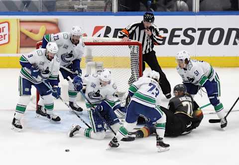 EDMONTON, ALBERTA – SEPTEMBER 04: The Vancouver Canucks defend against the Vegas Golden Knights in Game Seven of the Western Conference Second Round during the 2020 NHL Stanley Cup Playoffs at Rogers Place on September 04, 2020 in Edmonton, Alberta, Canada. (Photo by Bruce Bennett/Getty Images)