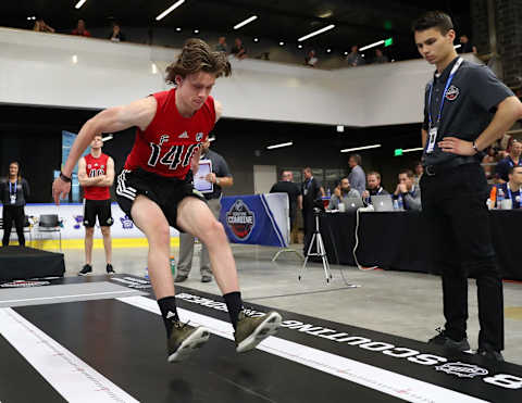 BUFFALO, NY – JUNE 2: Dominik Bokk performs the standing long jump during the NHL Scouting Combine on June 2, 2018 at HarborCenter in Buffalo, New York. (Photo by Bill Wippert/NHLI via Getty Images)