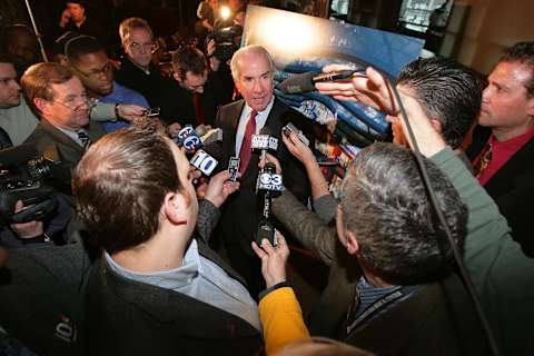 PHILADELPHIA – JANUARY 22: Ed Snider Comcast-Spectacor Chairman discusses plans for the new Phila Live Entertainment Center during a press conference prior to the NHL game between the Philadelphia Flyers and the New Jersey Devils on January 22, 2008 at the Wachovia Center in Philadelphia, Pennsylvania. (Photo by Len Redkoles/NHLI via Getty Images)