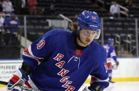 NEW YORK, NEW YORK – SEPTEMBER 18: Artemi Panarin #10 of the New York Rangers skates in warm-ups prior to the game against the New Jersey Devils at Madison Square Garden on September 18, 2019 in New York City. (Photo by Bruce Bennett/Getty Images)