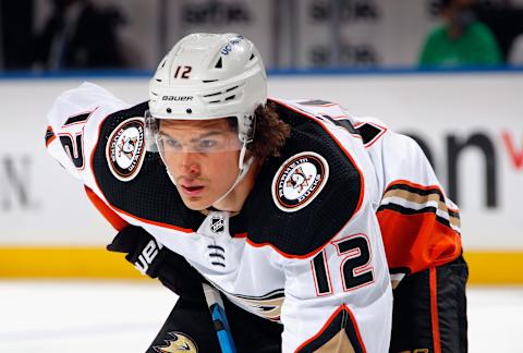 ELMONT, NEW YORK – MARCH 13: Sonny Milano #12 of the Anaheim Ducks skates against the New York Islanders at the UBS Arena on March 13, 2022 in Elmont, New York. (Photo by Bruce Bennett/Getty Images)