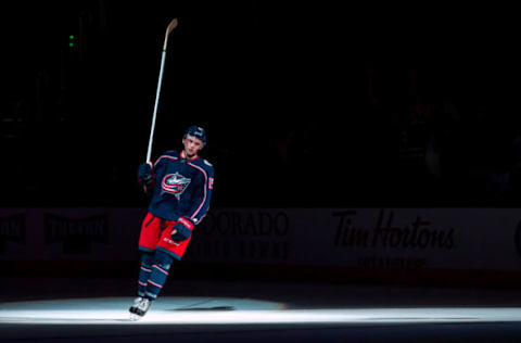 COLUMBUS, OH – SEPTEMBER 18: Liam Foudy (19) of the Columbus Blue Jackets waves to fans after a game between the Columbus Blue Jackets and the Chicago Blackhawks on September 18, 2018 at Nationwide Arena in Columbus, OH. The Blue Jackets won 4-1. (Photo by Adam Lacy/Icon Sportswire via Getty Images)