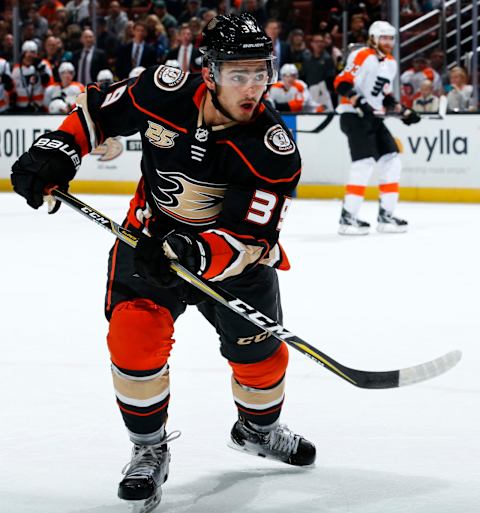 ANAHEIM, CA – OCTOBER 30: Joseph Blandisi #39 of the Anaheim Ducks skates during the game against the Philadelphia Flyers on October 30, 2018, at Honda Center in Anaheim, California. (Photo by Debora Robinson/NHLI via Getty Images)