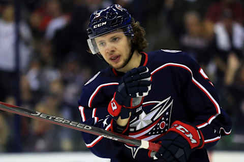 Apr 16, 2019; Columbus, OH, USA; Columbus Blue Jackets left wing Artemi Panarin (9) against the Tampa Bay Lightning in game four of the first round of the 2019 Stanley Cup Playoffs at Nationwide Arena. Mandatory Credit: Aaron Doster-USA TODAY Sports