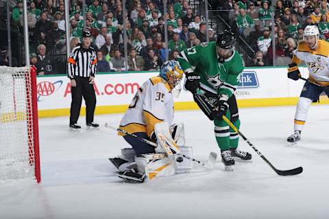 DALLAS, TX – FEBRUARY 19: Pekka Rinne #35 of the Nashville Predators stops a re-directed puck against Alexander Radulov #47 of the Dallas Stars at the American Airlines Center on February 19, 2019 in Dallas, Texas. (Photo by Glenn James/NHLI via Getty Images)