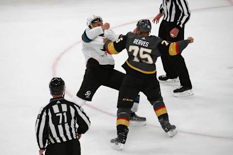 LAS VEGAS, NV – APRIL 14: Ryan Reaves (75) of the Vegas Golden Knights fights Evander Kane (9) of the San Jose Sharks during a Stanley Cup Playoffs first round game between the San Jose Sharks and the Vegas Golden Knights on April 14, 2019 at T-Mobile Arena in Las Vegas, Nevada. (Photo by Jeff Speer/Icon Sportswire via Getty Images)