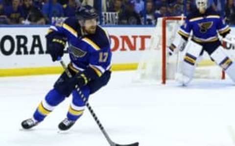 May 23, 2016; St. Louis, MO, USA; St. Louis Blues left wing Jaden Schwartz (17) skates with the puck against the San Jose Sharks in game five of the Western Conference Final of the 2016 Stanley Cup Playoffs at Scottrade Center. Mandatory Credit: Billy Hurst-USA TODAY Sports