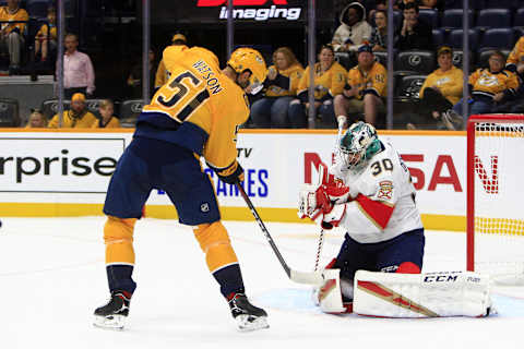 NASHVILLE, TN – SEPTEMBER 16: Florida Panthers goalie Philippe Desrosiers (30) makes a save on Nashville Predators winger Austin Watson (51) during the first NHL preseason game between the Nashville Predators and Florida Panthers, held on September 16, 2019, at Bridgestone Arena in Nashville, Tennessee. (Photo by Danny Murphy/Icon Sportswire via Getty Images)