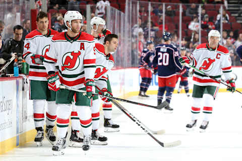 NEWARK, NJ – DECEMBER 23: Taylor Hall #9 of the New Jersey Devils skates during pre game warmups before the game against the Columbus Blue Jackets at Prudential Center on December 23, 2018 in Newark, New Jersey. (Photo by Jared Silber/NHLI via Getty Images)