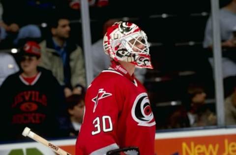 1 Apr 1998: Goaltender Mike Fountain of the Carolina Hurricanes in action during a game against the New Jersey Devils at the Continental Airlines Arena in East Rutherford, New Jersey. The Hurricanes defeated the Devils 4-0. Mandatory Credit: Ezra C. Shaw