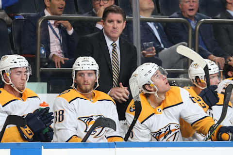 NEW YORK, NY – OCTOBER 04: Head coach Peter Laviolette of the Nashville Predators looks on from the bench during the game against the New York Rangers at Madison Square Garden on October 4, 2018 in New York City. The Nashville Predators won 3-2. (Photo by Jared Silber/NHLI via Getty Images)